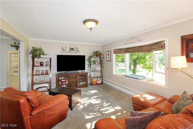 living room featuring a baseboard radiator, ornamental molding, and carpet