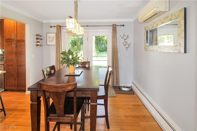 dining room with crown molding, an AC wall unit, a baseboard heating unit, and light hardwood / wood-style flooring