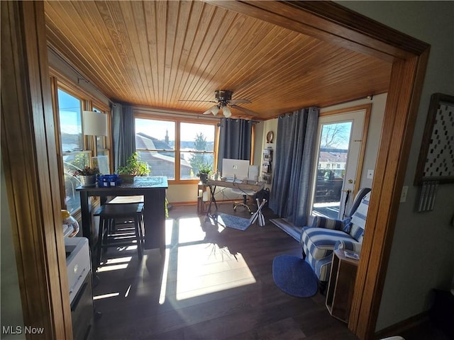 sunroom featuring ceiling fan, plenty of natural light, and wooden ceiling