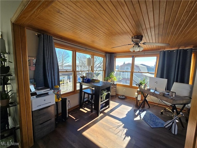 office space featuring wood ceiling, ceiling fan, and hardwood / wood-style floors