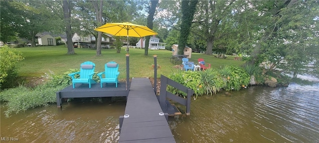 dock area featuring a yard and a water view