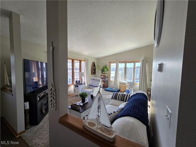 carpeted living room featuring lofted ceiling and a textured ceiling