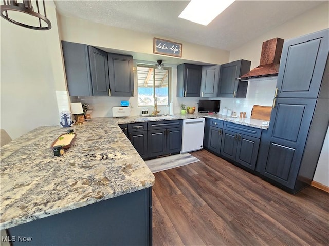 kitchen featuring sink, dark hardwood / wood-style flooring, dishwasher, kitchen peninsula, and custom range hood