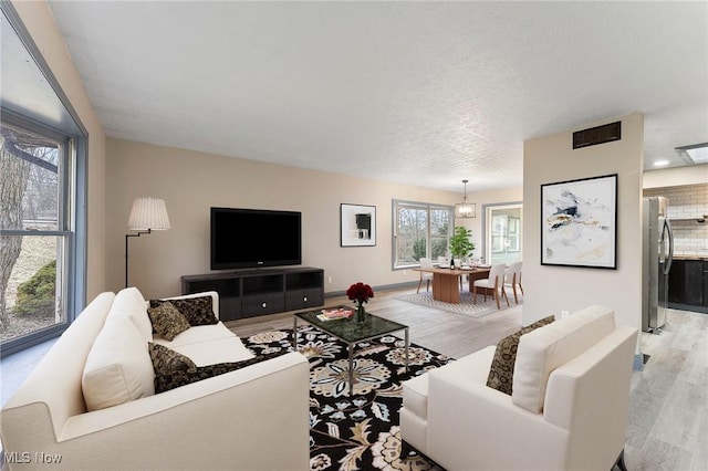 living room featuring light hardwood / wood-style floors and a textured ceiling