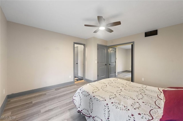 bedroom with ceiling fan, wood-type flooring, and a closet