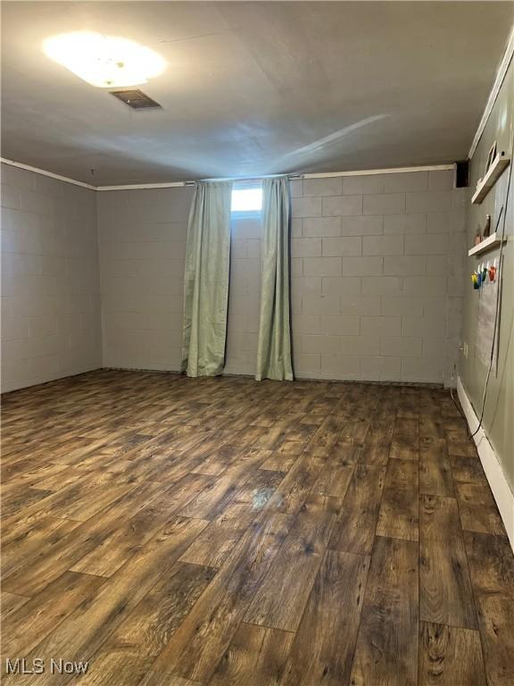 basement with dark hardwood / wood-style flooring