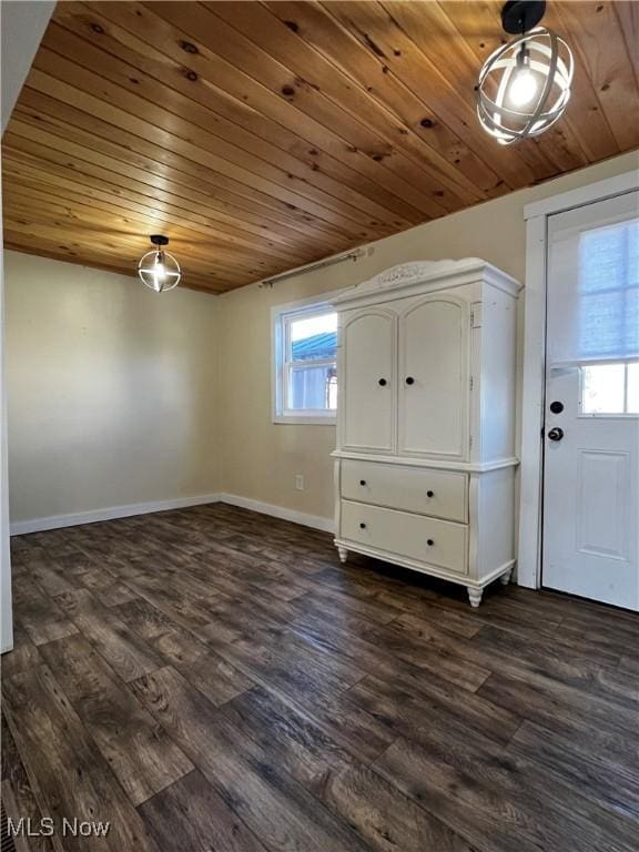 interior space featuring dark hardwood / wood-style flooring and wooden ceiling