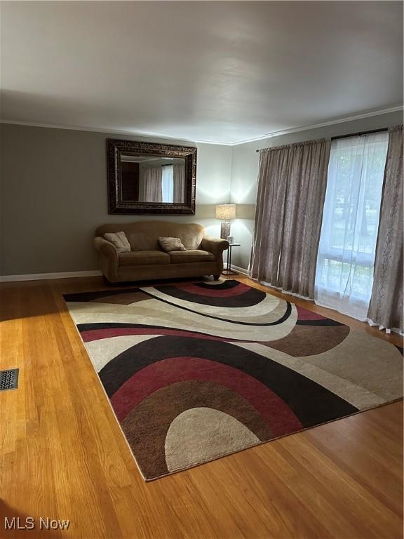 living room with ornamental molding and hardwood / wood-style floors