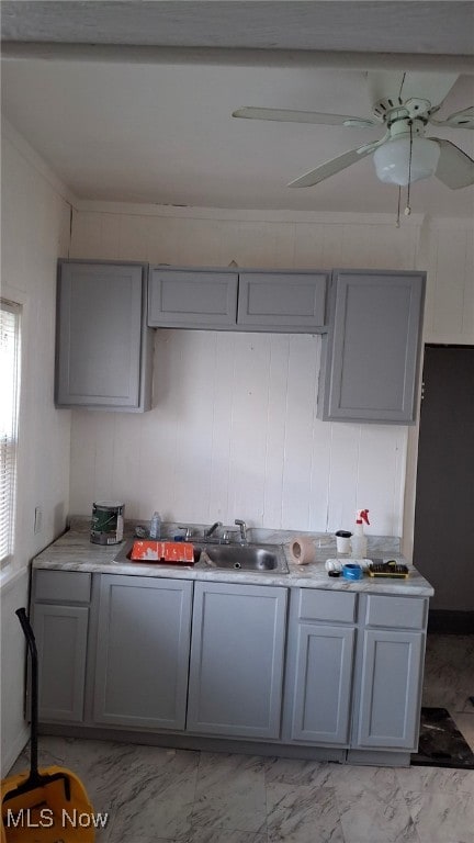 kitchen featuring sink, crown molding, gray cabinets, and ceiling fan