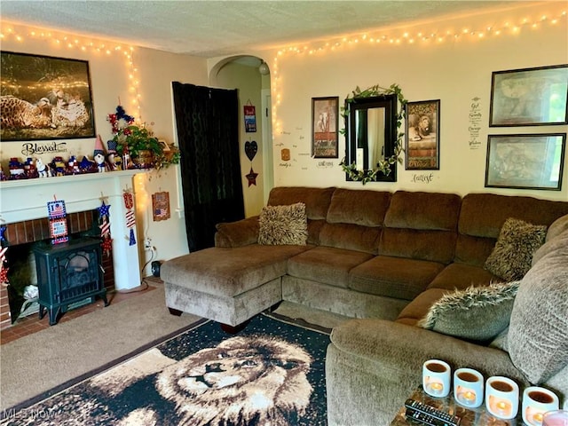 living room featuring carpet flooring and a wood stove