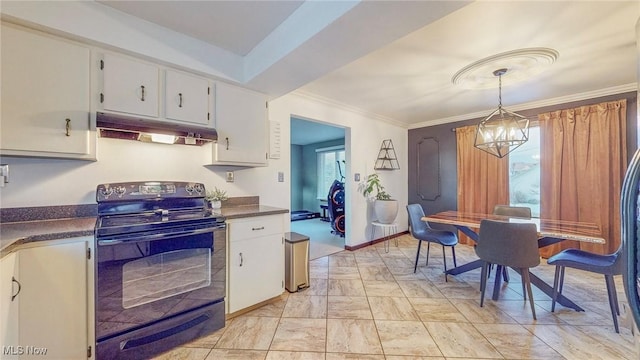 kitchen featuring decorative light fixtures, white cabinets, ornamental molding, black range with electric cooktop, and an inviting chandelier