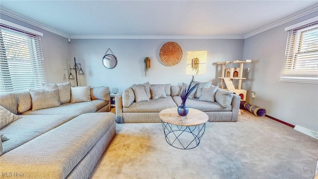 living room featuring light carpet and crown molding