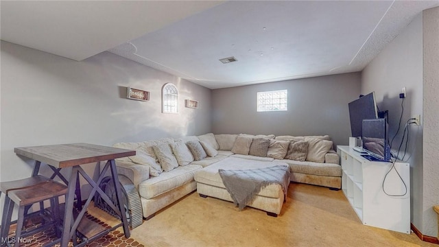 living room featuring light colored carpet