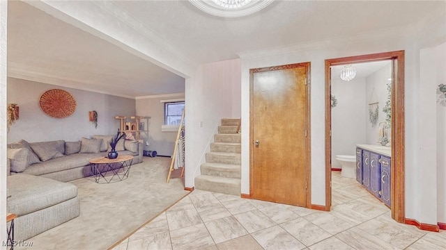 living room with ornamental molding