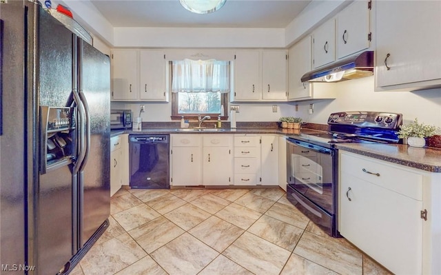 kitchen with white cabinetry, light tile patterned floors, sink, and black appliances