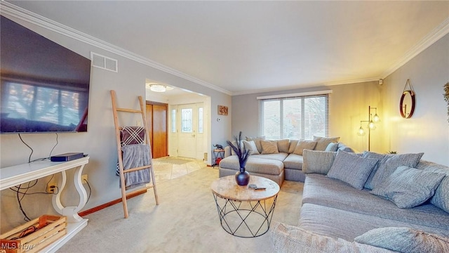 living room featuring light colored carpet and ornamental molding