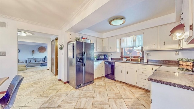 kitchen featuring sink, dishwasher, black refrigerator with ice dispenser, and white cabinets