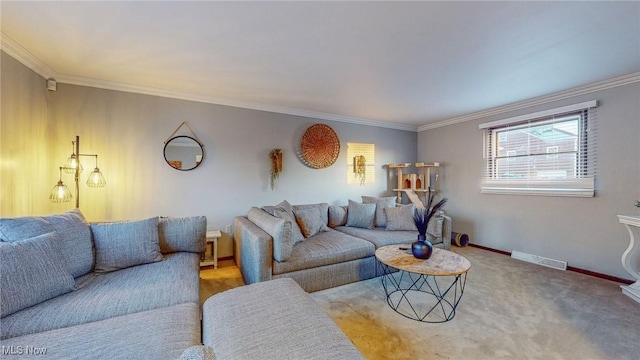 carpeted living room with crown molding