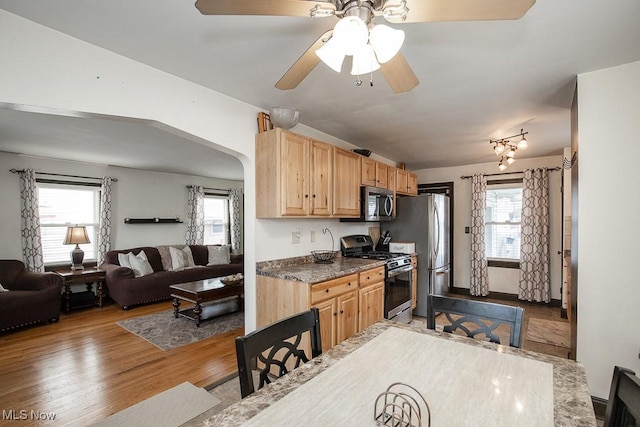 kitchen with light brown cabinetry, light hardwood / wood-style floors, ceiling fan, and appliances with stainless steel finishes