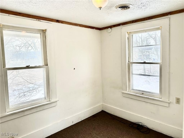 empty room with dark colored carpet, plenty of natural light, and a textured ceiling