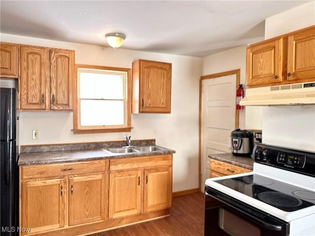 kitchen with electric stove, black refrigerator, dark hardwood / wood-style flooring, and sink