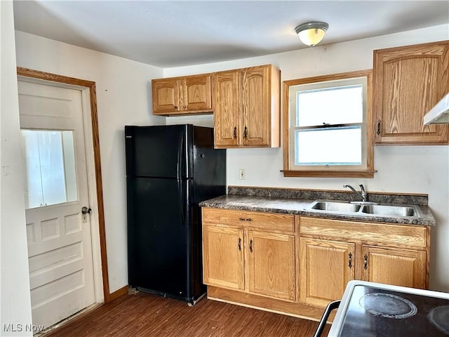 kitchen featuring sink, dark hardwood / wood-style floors, range, and black fridge