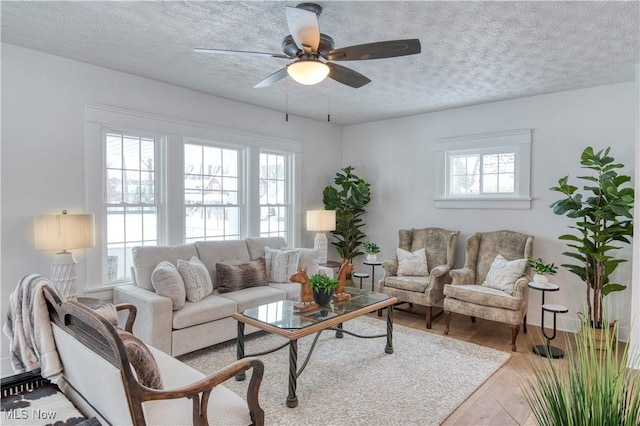 living room featuring ceiling fan, light hardwood / wood-style flooring, and a textured ceiling