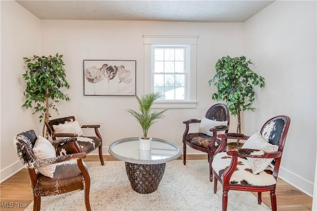 sitting room with hardwood / wood-style floors and a textured ceiling