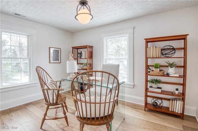 living area with a textured ceiling, a healthy amount of sunlight, and light wood-type flooring