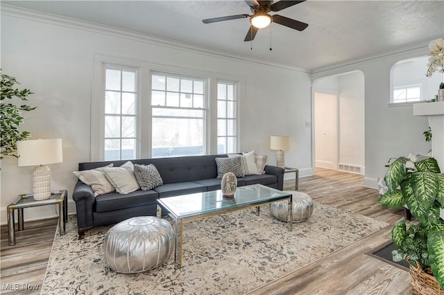 living room with a wealth of natural light, ornamental molding, and light hardwood / wood-style floors