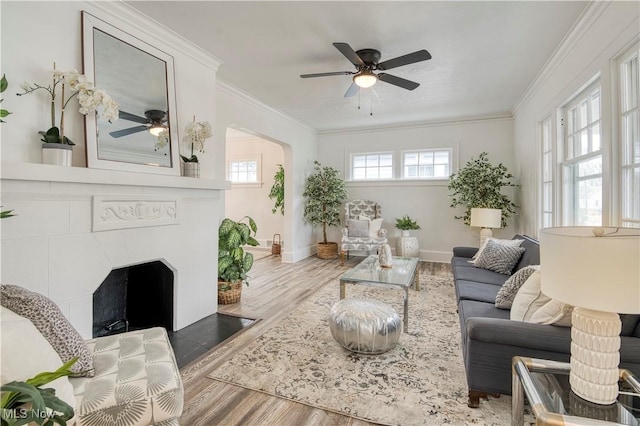 living room with crown molding, wood-type flooring, and ceiling fan