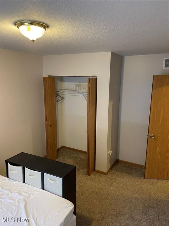 bedroom featuring carpet floors, a textured ceiling, and a closet