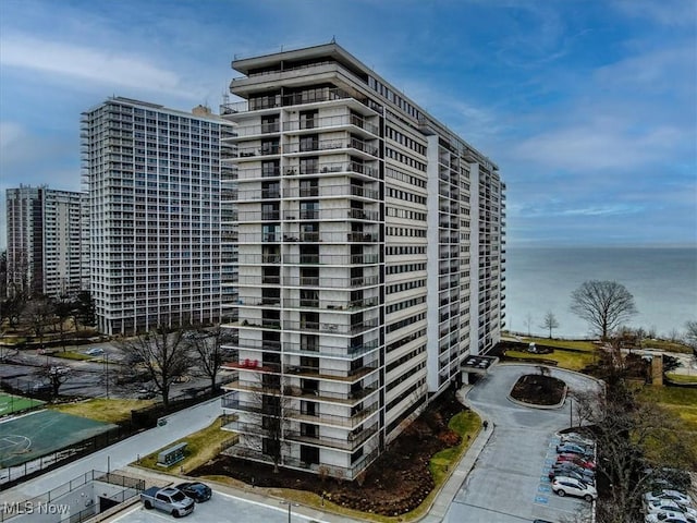 view of building exterior featuring a water view