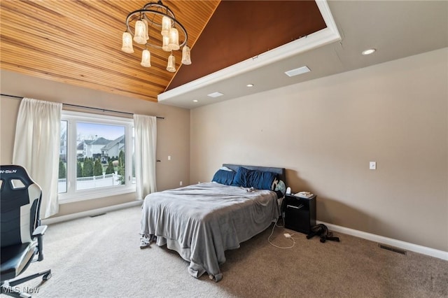 carpeted bedroom featuring lofted ceiling, wood ceiling, and a chandelier