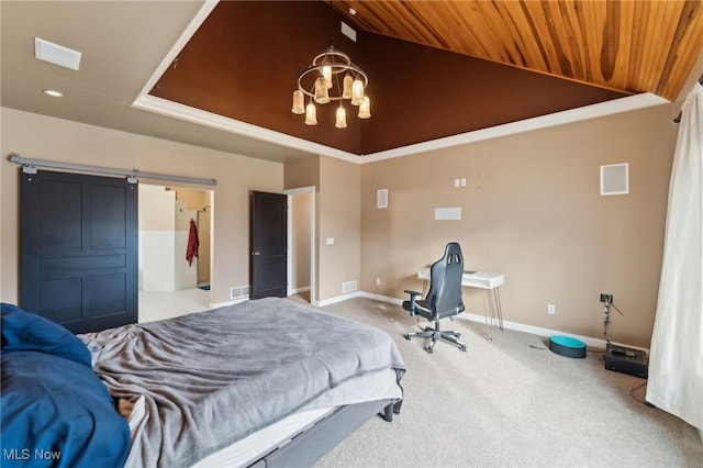 carpeted bedroom with vaulted ceiling, a notable chandelier, crown molding, a barn door, and wooden ceiling