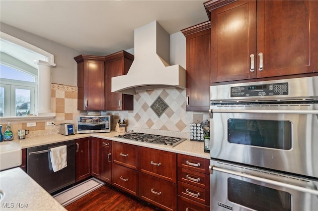 kitchen featuring dark wood-type flooring, sink, custom range hood, stainless steel appliances, and decorative backsplash