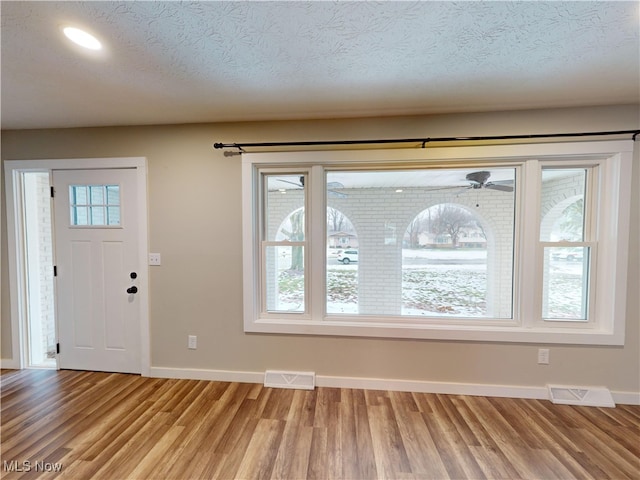 entrance foyer with a textured ceiling, plenty of natural light, and wood-type flooring