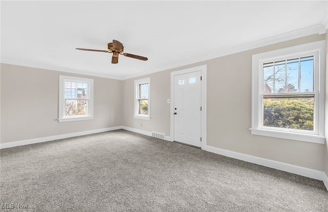 unfurnished room with ornamental molding, ceiling fan, and carpet flooring