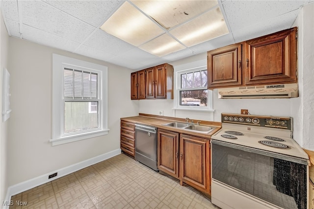 kitchen featuring a drop ceiling, sink, dishwasher, and white electric range oven