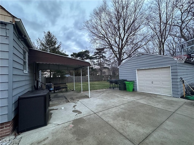 garage with a lawn