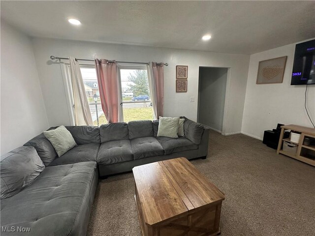 living room with dark colored carpet