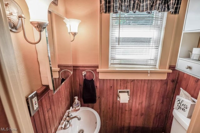 bathroom with sink, wooden walls, and toilet