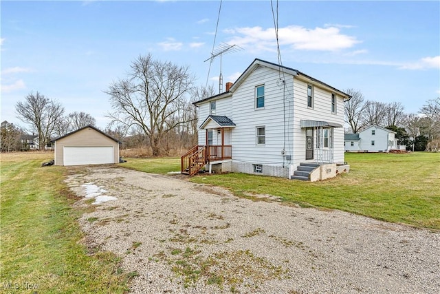 view of property exterior with a garage, an outdoor structure, and a lawn