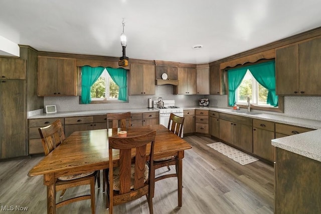 kitchen with sink, backsplash, hanging light fixtures, light hardwood / wood-style floors, and white gas stove