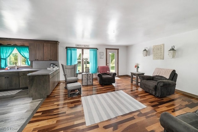 living room featuring dark wood-type flooring, plenty of natural light, and sink