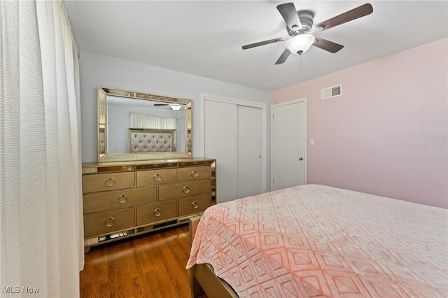 bedroom with wood-type flooring, a closet, and ceiling fan