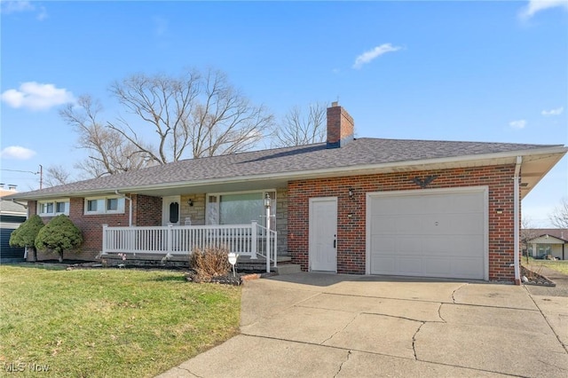 ranch-style house with a porch, a garage, and a front lawn