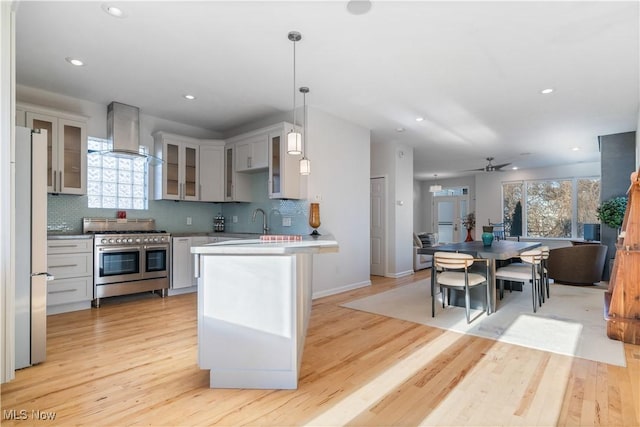 kitchen with pendant lighting, light hardwood / wood-style flooring, range hood, and stainless steel appliances