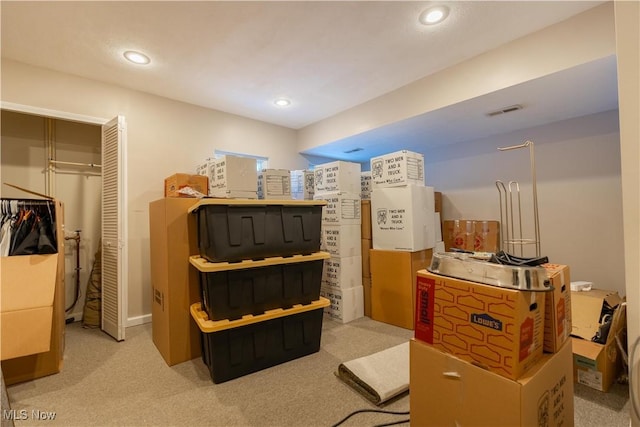 office area featuring light colored carpet