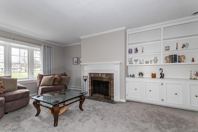 carpeted living room with baseboard heating, crown molding, and a brick fireplace